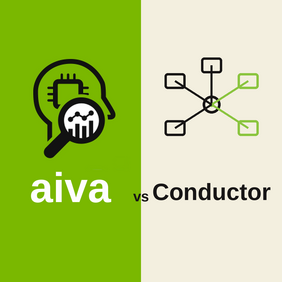 Illustration "aiva vs. Conductor": links aiva-Symbol auf grünem Hintergrund, rechts vernetztes Knoten-Symbol mit Schriftzug "Conductor" auf hellem Hintergrund